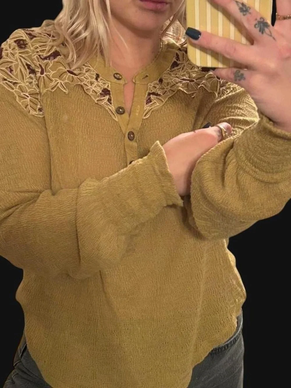 Free People embroidered henley long sleeve thermal top in an earthy green tone
